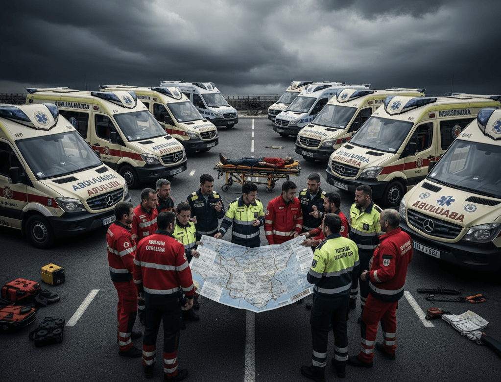 Representación del caos operacional con personal de emergencia de diferentes colores (simbolizando CCAA) debatiendo en lugar de atender a un paciente, ilustrando la desigualdad y la ineficiencia en la gestión sanitaria y educativa descentralizada.