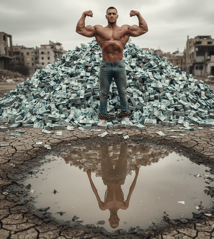 Imagen realista de un hombre muy musculoso (simbolizando el PIB) sobre una montaña de billetes de euro, encadenado por el tobillo. Su reflejo en un charco de agua muestra una figura esquelética y débil, simbolizando el crecimiento artificial y la debilidad estructural subyacente de la economía española.