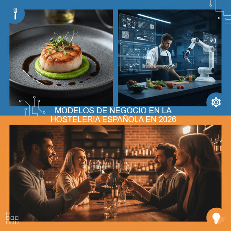 Collage infográfico dinámico que combina tres elementos clave para el éxito en Horeca: 1) Un plato de comida gourmet (Producto), 2) Gráficos de datos y tecnología en cocina (Proceso/Eficiencia), y 3) Clientes disfrutando en un ambiente vibrante (Experiencia). Incluye iconos de bombilla, engranaje y tenedor.