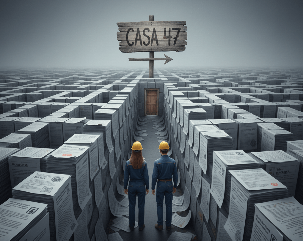 Ilustración conceptual y realista de una pareja con casco de constructor caminando por un laberinto infinito hecho de formularios y documentos. En el centro, un cartel de 'CASA 47' apunta a una puerta minúscula. Símbolo de la frustración burocrática en el acceso a la vivienda.