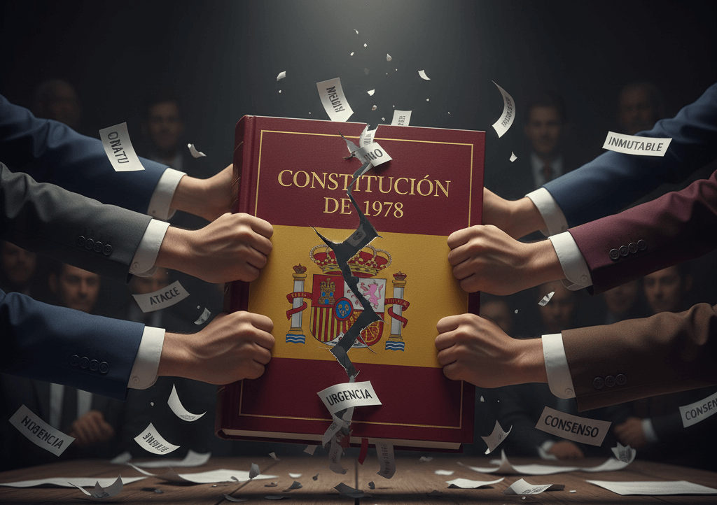 Imagen impactante de la Constitución Española siendo rasgada por varias manos. Las manos, representando diferentes partidos, tiran en direcciones opuestas: unas hacia la inmovilidad y otras con fragmentos que dicen 'REAL DECRETO', simbolizando la ruptura del consenso de 1978.