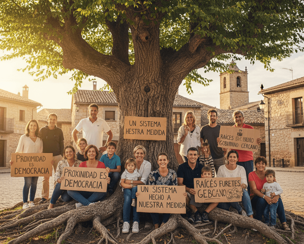 Grupo de familias de diferentes edades posando bajo un gran árbol de raíces robustas en una plaza de pueblo, sosteniendo pancartas con mensajes como 'PROXIMIDAD ES DEMOCRACIA' y 'UN SISTEMA HECHO A NUESTRA MEDIDA'.