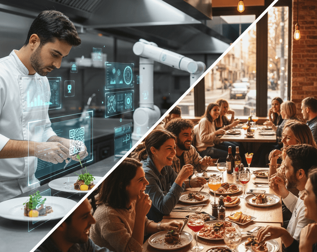 Collage fotográfico de dos escenas: a la izquierda, una cocina moderna con pantallas holográficas y chefs eficientes (simbolizando la digitalización y el Fast Casual 2.0); a la derecha, un restaurante con mesas llenas de clientes disfrutando de un ambiente vibrante (simbolizando la experiencia y las tendencias premium accesibles).