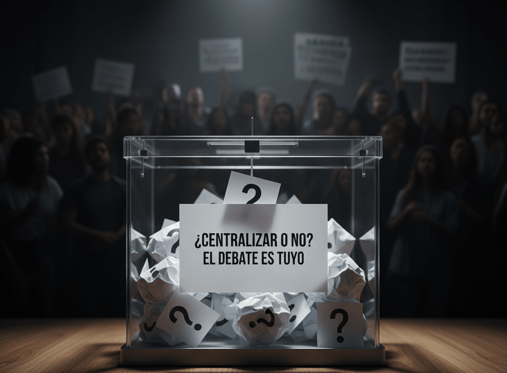 Urna de votación transparente llena de papeles con signos de interrogación y la etiqueta '¿CENTRALIZAR o NO? EL DEBATE ES TUYO', simbolizando la necesidad de una decisión pública sobre el modelo de gestión territorial de España.