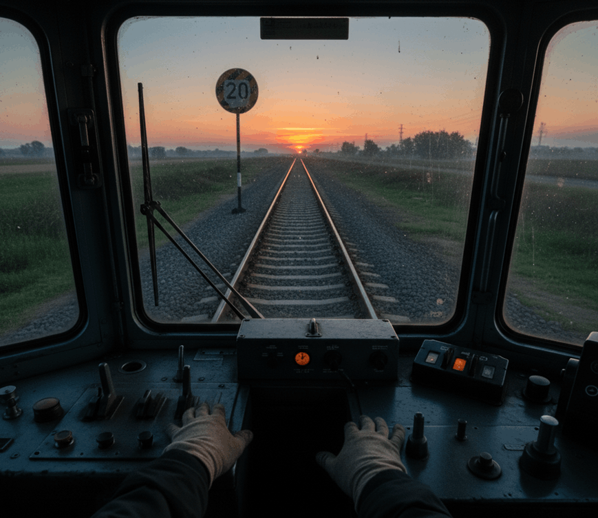 Vista en primera persona desde el interior de una cabina de tren antigua al amanecer. Se ven las manos de un maquinista con guantes sobre los controles desgastados. A través del parabrisas sucio se observa una vía única y una señal de limitación de velocidad a 20 km/h, sugiriendo deficiencias en la infraestructura.