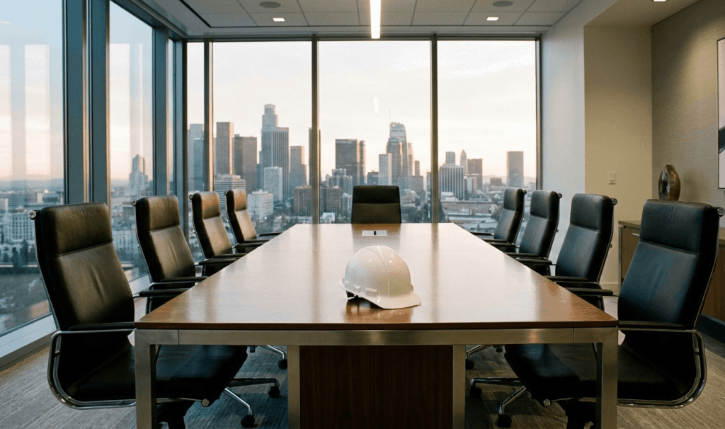 Una lujosa y moderna sala de juntas ejecutiva vacía, con vistas a la ciudad al atardecer. Sobre la gran mesa de reuniones de madera hay un casco de obra blanco completamente nuevo e impoluto, simbolizando la falta de trabajo de campo de los directivos.