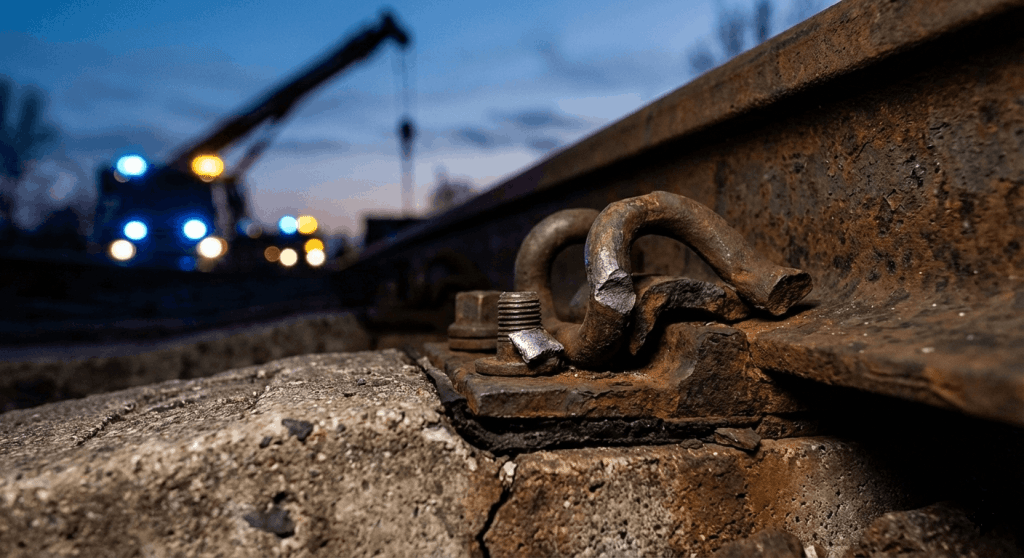 Primer plano extremo de una fijación de raíl partida y muy oxidada sobre una traviesa de hormigón agrietada, mostrando falta de mantenimiento. Al fondo, luces de emergencia azules y naranjas y la silueta de una grúa desenfocadas en el lugar de un accidente ferroviario.