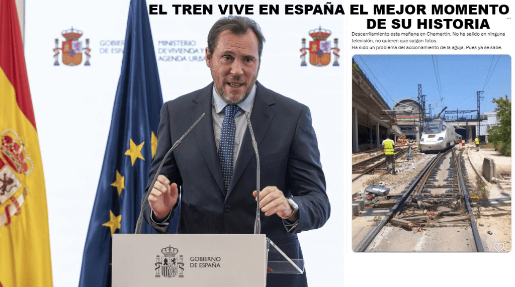 Montaje comparativo: a la izquierda el ministro de transportes en rueda de prensa con mensaje de éxito ferroviario y a la derecha operarios trabajando en un tren de alta velocidad detenido en las vías.