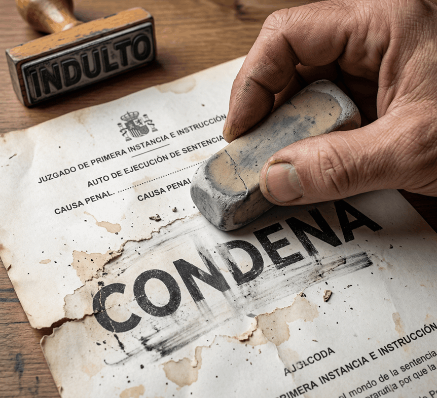 Primer plano de una mano borrando con una goma profesional la palabra "CONDENA" de un documento oficial desgastado, con un sello de madera al lado donde se lee claramente la palabra "INDULTO" en letras amarillas y negras.