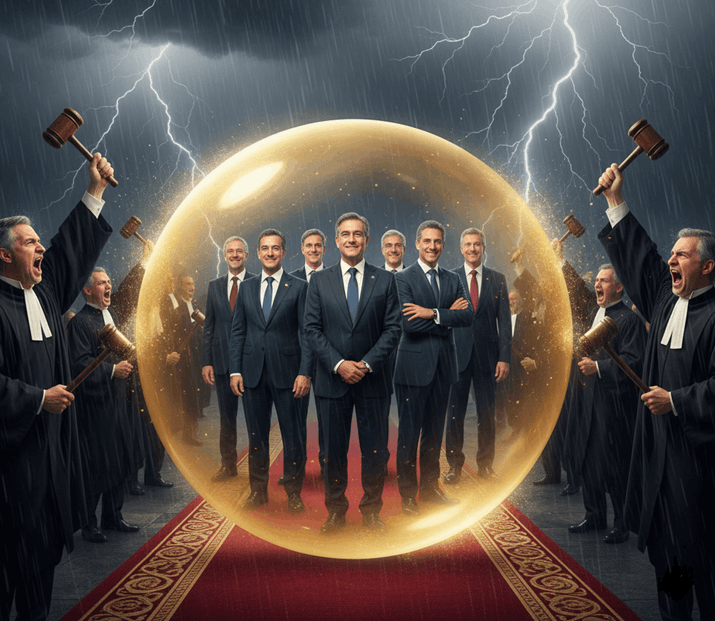 Metáfora visual de la inmunidad política: un grupo de políticos sonrientes protegidos dentro de una burbuja dorada impenetrable sobre una alfombra roja, mientras en el exterior jueces con togas intentan golpear el escudo con sus mazos bajo una tormenta eléctrica.