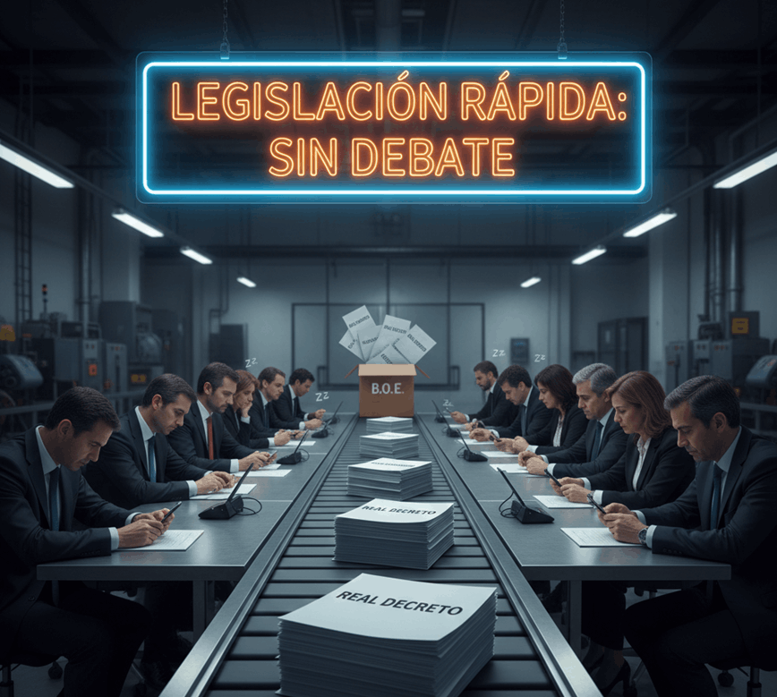 Fotografía realista de una cinta transportadora en un entorno industrial oscuro donde circulan pilas de papeles con el texto "REAL DECRETO". A los lados, políticos en traje miran sus teléfonos o duermen, ignorando el proceso. Al fondo, una caja con las siglas "B.O.E." recoge los documentos bajo un letrero de neón azul y naranja que reza "LEGISLACIÓN RÁPIDA: SIN DEBATE".