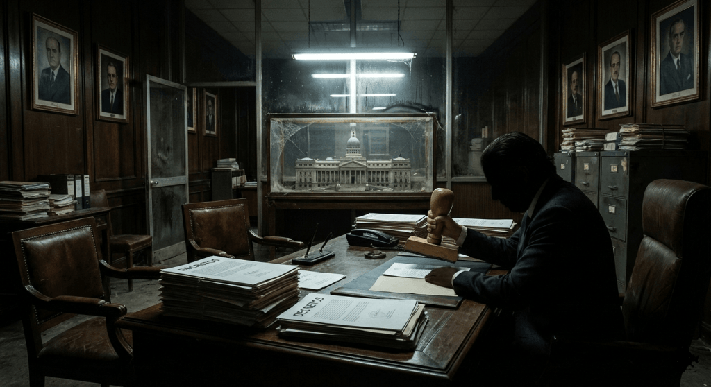 Fotografía satírica y oscura de un burócrata anónimo en un despacho lúgubre, estampando un sello gigante sobre pilas de documentos rotulados como "DECRETOS". Al fondo, una maqueta del edificio del parlamento está abandonada dentro de una vitrina polvorienta y llena de telarañas, simbolizando la irrelevancia del poder legislativo.