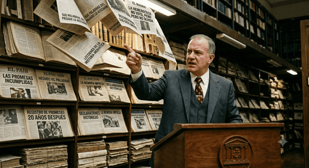 Político gesticulando desde un atril mientras una enorme biblioteca de periódicos antiguos y abiertos se despliega detrás, apuntando con sus páginas hacia él para recordar que la hemeroteca no olvida.