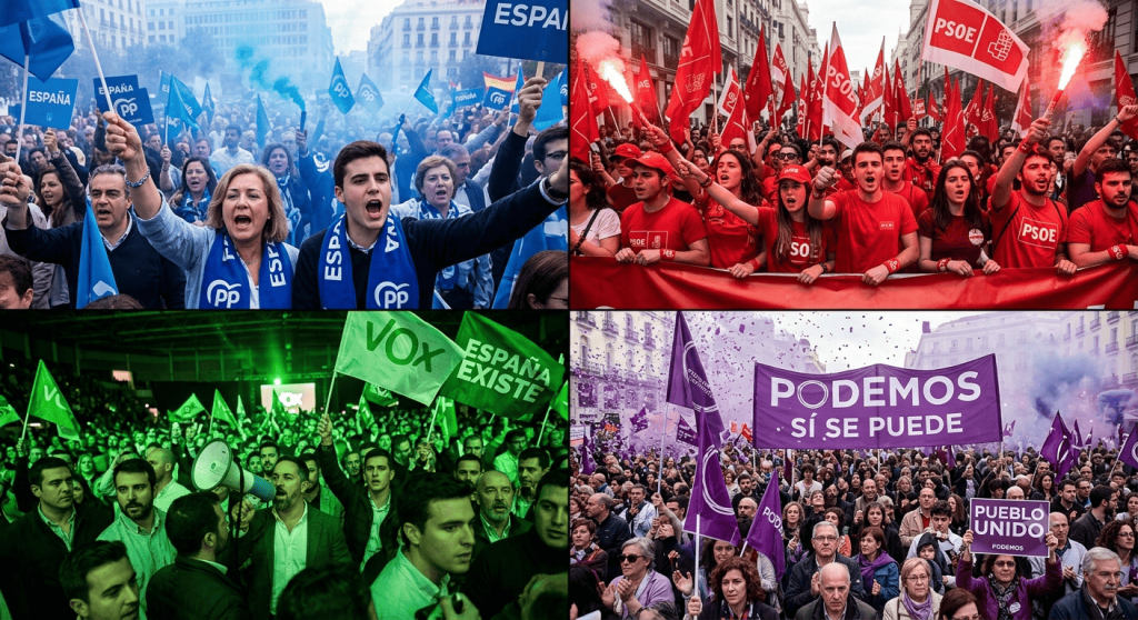 Composición a cuatro bandas que representa al gobierno acorralado por hooligans políticos en España, dividida en sectores azul del PP, verde de VOX, morado de Podemos y rojo del PSOE en crispación