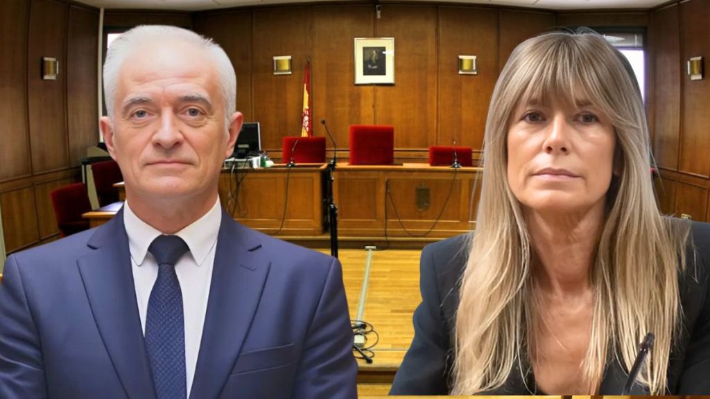 Montaje del juez Juan Carlos Peinado y Begoña Gómez ante una sala judicial en el contexto de la investigación que afecta a la esposa del presidente del Gobierno.