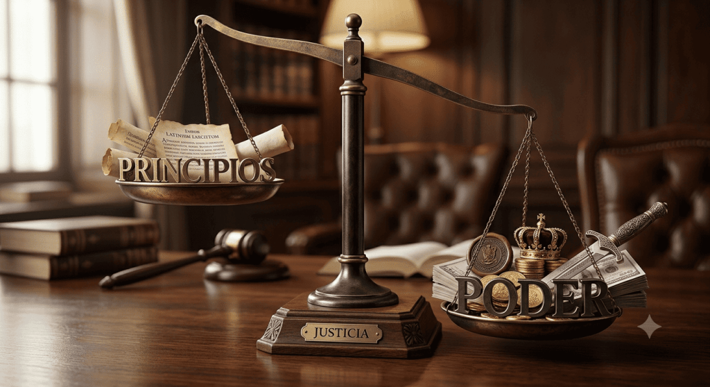 Balanza de la justicia sobre un escritorio de madera, inclinada hacia el plato del "Poder" cargado con fajos de dinero, una corona y una daga, mientras el plato elevado de los "Principios" contiene rollos de pergamino.