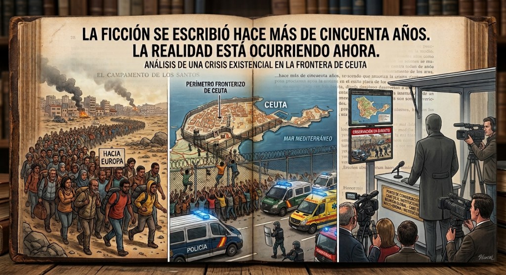 Ilustración en un libro abierto dividida en tres paneles: a la izquierda, una multitud caminando con el cartel "HACIA EUROPA"; en el centro, la frontera y el mapa de Ceuta con vehículos de emergencia; a la derecha, autoridades y portavoces dando una rueda de prensa ante los medios.