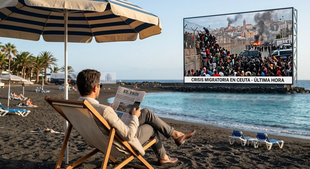 Fotografía conceptual en una playa de arena negra en Lanzarote. En primer plano, el presidente del gobierno de espaldas descansando en una tumbona bajo una sombrilla de rayas, sosteniendo un periódico y un teléfono inteligente. Al fondo, sobre el agua del mar, hay una gran pantalla publicitaria que emite noticias en directo con imágenes de migrantes cruzando la valla fronteriza de Ceuta entre columnas de humo.