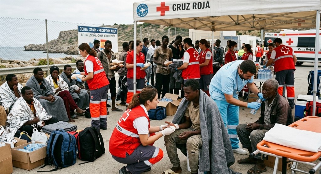 Fotografía documental en la zona de recepción de Ceuta. En primer plano, una voluntaria de la Cruz Roja con chaleco rojo atiende la mano de un joven migrante envuelto en una manta gris, mientras un sanitario con pijama azul revisa a un hombre mayor. Al fondo se observa una carpa de la Cruz Roja, ambulancias, cajas de agua y comida, y más personas recibiendo mantas térmicas y auxilio.