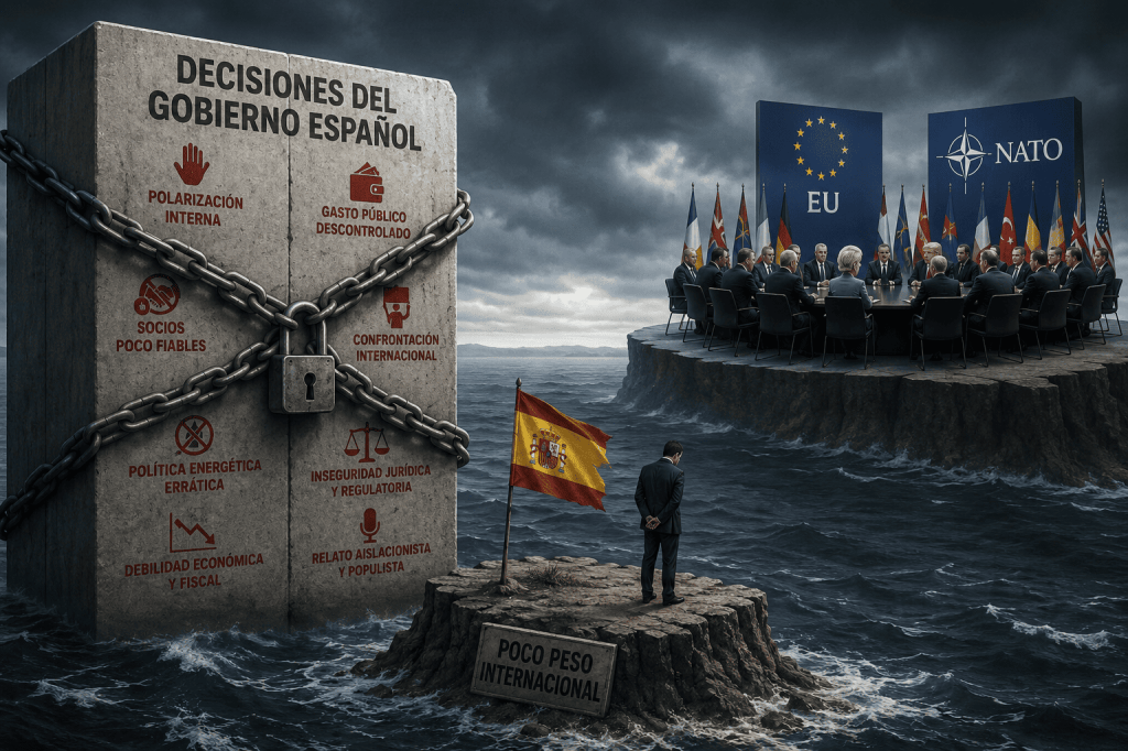 Ilustración editorial que representa a España aislada frente a una cumbre de la Unión Europea y la OTAN, simbolizando el debate sobre la pérdida de influencia internacional y las consecuencias de determinadas decisiones del Gobierno español.