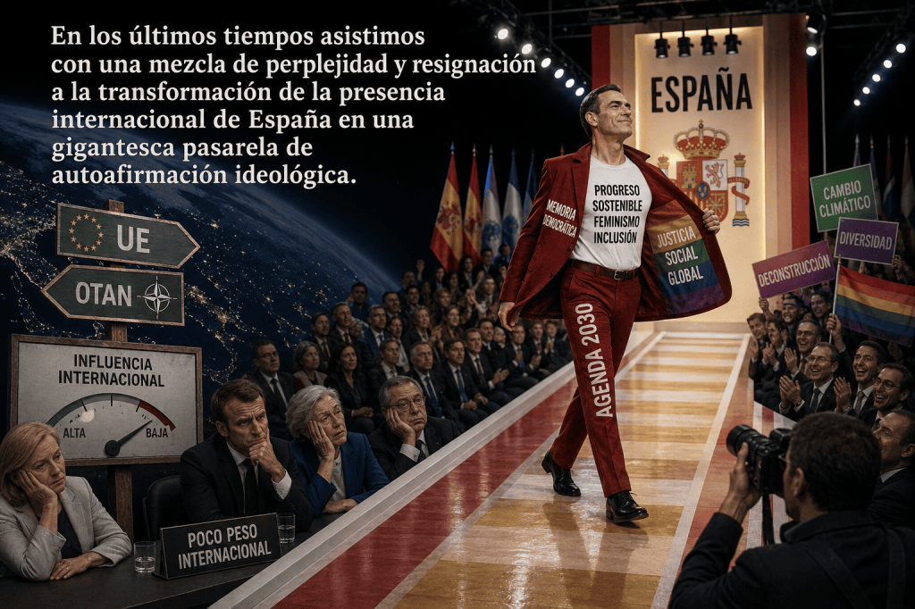 Ilustración satírica que representa a España como una pasarela de autoafirmación ideológica mientras dirigentes internacionales observan con escepticismo, simbolizando el debate sobre el peso internacional del país en la UE y la OTAN.