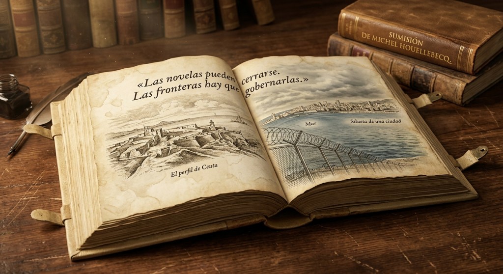 Un libro antiguo abierto sobre una mesa de madera muestra en sus páginas un grabado del perfil de Ceuta, la valla fronteriza con concertinas y el mar. En la parte superior se lee la frase "Las novelas pueden cerrarse. Las fronteras hay que gobernarlas." Al fondo reposan otros libros antiguos, uno de ellos con el título "Sumisión" de Michel Houellebecq.