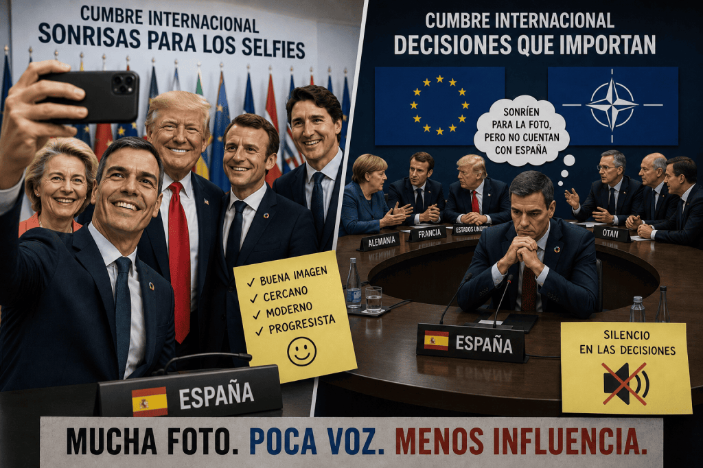 Ilustración editorial dividida en dos escenas que contrapone la presencia de España en fotografías institucionales durante una cumbre internacional con una representación simbólica de su escasa participación en las decisiones de la Unión Europea y la OTAN.