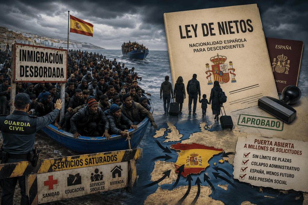 Ilustración editorial que contrapone la llegada masiva de inmigrantes por vía marítima con la Ley de Nietos y la concesión de la nacionalidad española a descendientes, simbolizando el debate sobre la inmigración y las políticas de nacionalidad en España.