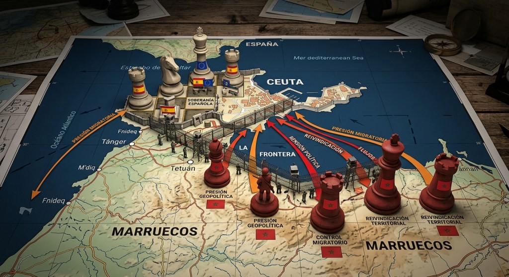 Un tablero de ajedrez gigante se extiende sobre un mapa de la región del Estrecho de Gibraltar. Piezas de ajedrez blancas representan a España y la Unión Europea en Ceuta, mientras que piezas rojas representan a Marruecos en el territorio marroquí. Las piezas están etiquetadas con términos como "SOBERANÍA ESPAÑOLA", "PRESIÓN MIGRATORIA", "REIVINDICACIÓN TERRITORIAL", "TENSIÓN POLÍTICA", "CONTROL MIGRATORIO" y "FLUJOS", junto con las banderas correspondientes. Flechas rojas y naranjas indican la dirección de la presión migratoria y la tensión política desde Marruecos hacia Ceuta. El fondo muestra mapas y documentos históricos.