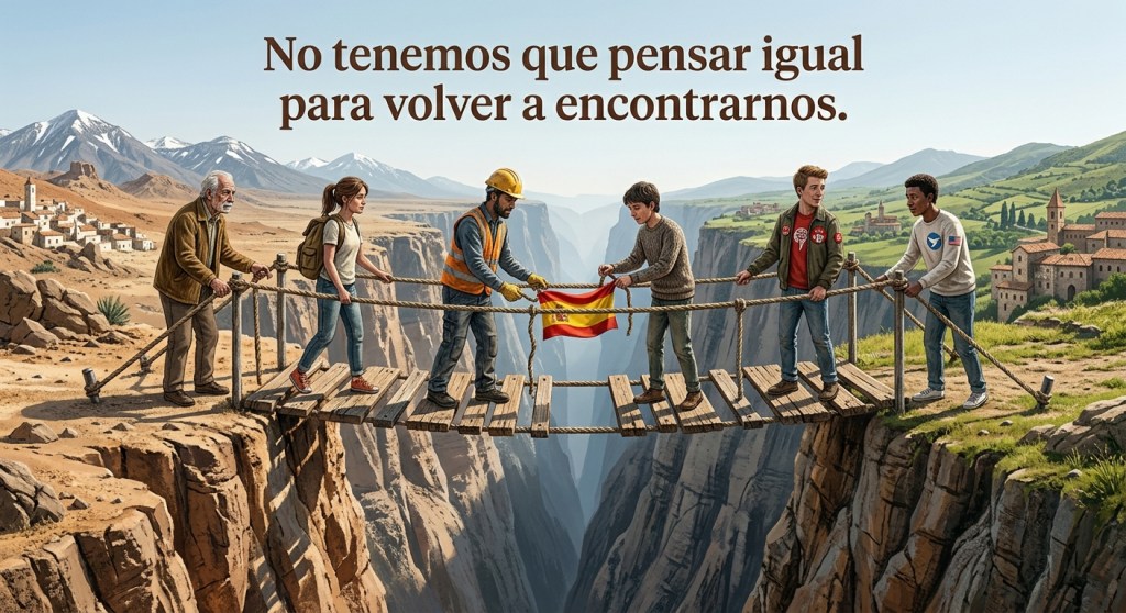 Ilustración realista de ciudadanos españoles —un jubilado, una joven, un obrero y personas con símbolos políticos— construyendo juntos un puente sobre una gran grieta, con la frase "No tenemos que pensar igual para volver a encontrarnos".