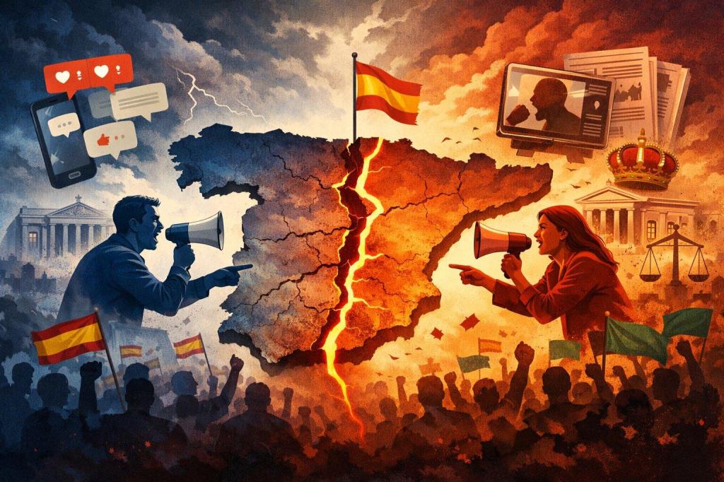 Ilustración de España dividida por una grieta que representa la polarización política entre izquierda y derecha