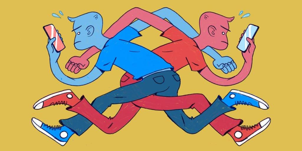 Ilustración vectorial conceptual de dos figuras en tonos azul y rojo enredadas entre sí mientras miran enfadadas las pantallas de sus teléfonos móviles.